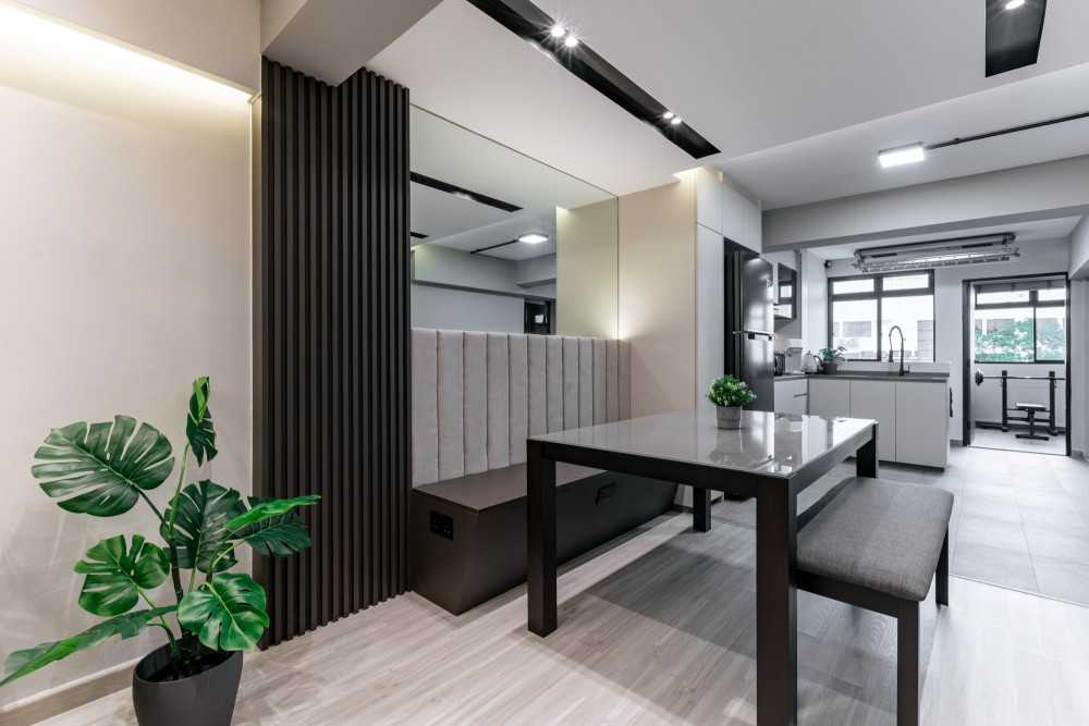Contemporary Dining Room with Mirror and Downlights