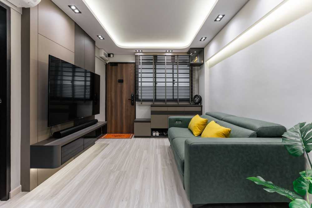 Contemporary Living Room with TV Console and Cove Lighting