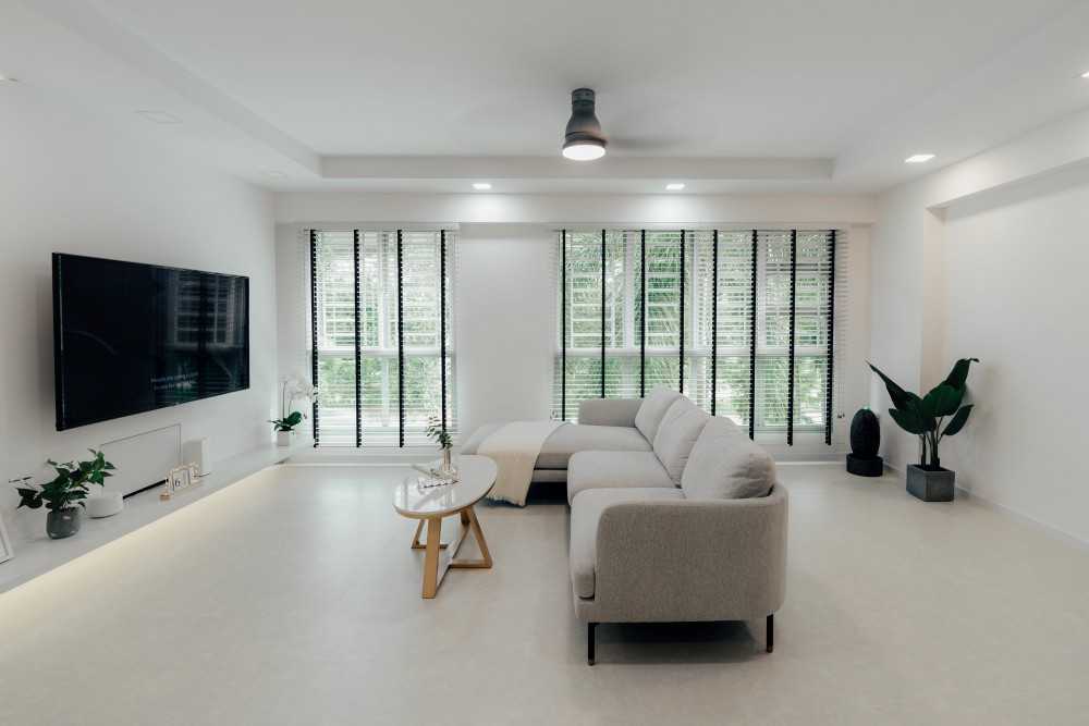 Minimalist Living Room with Vinyl Flooring and Ceiling Light