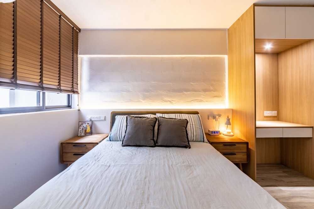 Scandinavian Bedroom with Vinyl Flooring and Cove Lighting