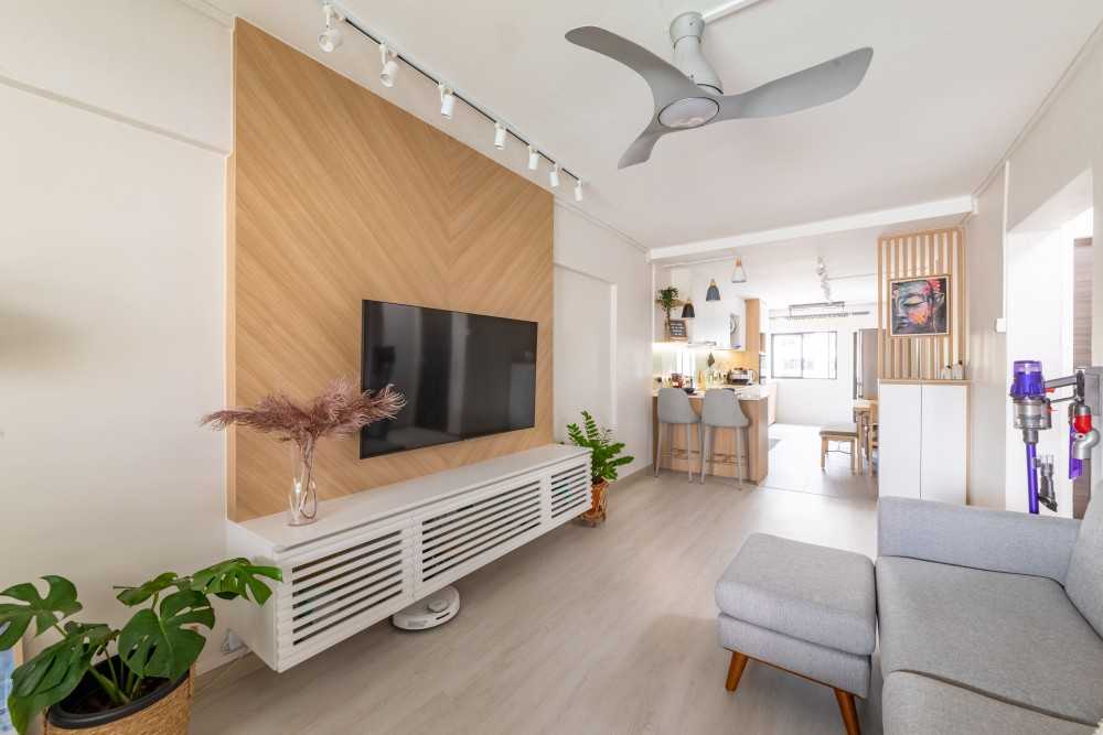 Scandinavian Living Room with Vinyl Flooring and TV Console