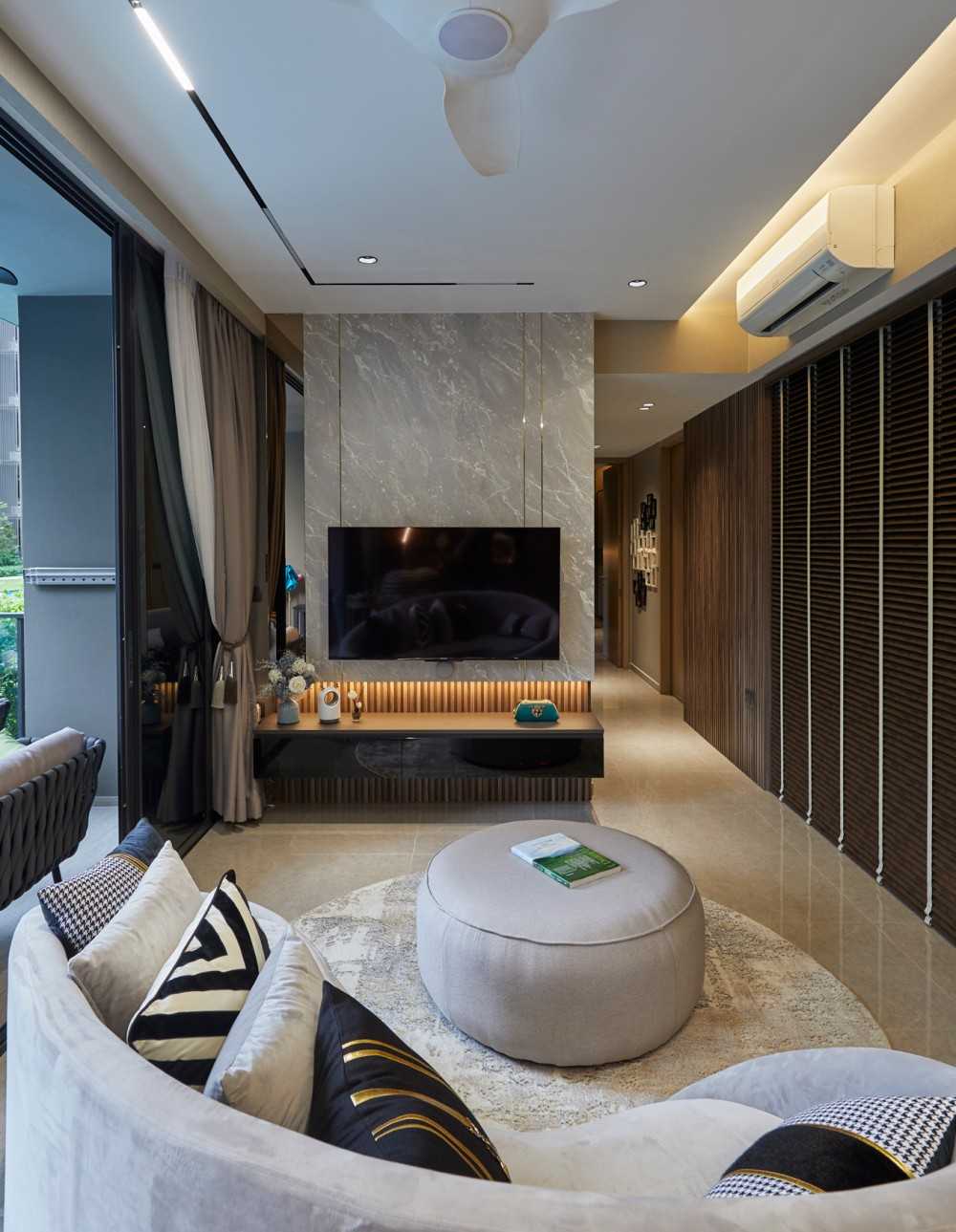 Modern Living Room with TV Console and Paintings