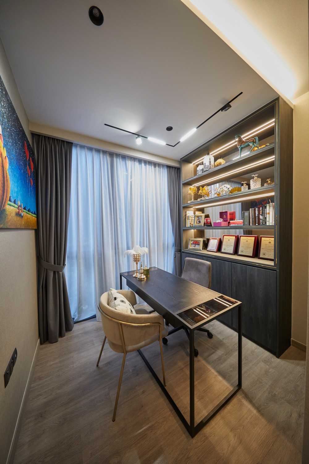 Modern Study with Window Grille and Paintings