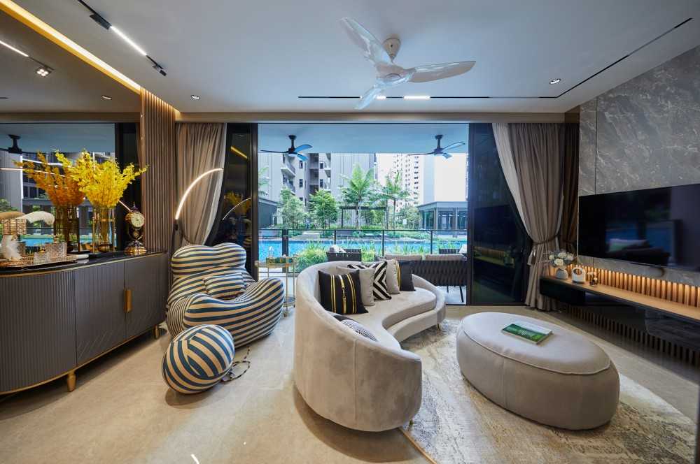 Modern Living Room with TV Console and Window Grille