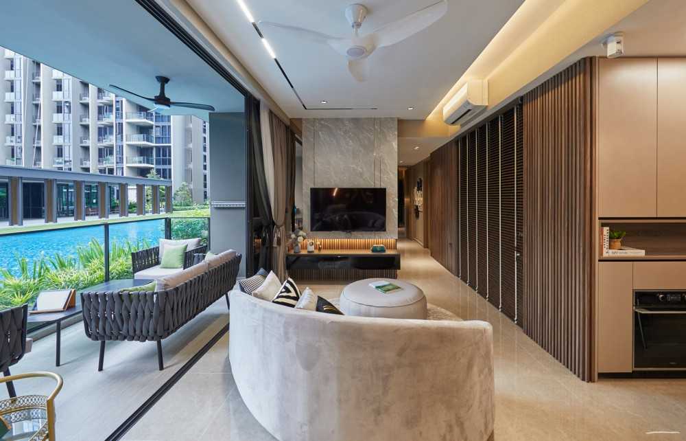 Modern Living Room with TV Console and Window Grille
