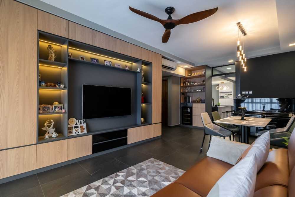 Modern Living Room with Homogeneous Tiles and TV Console