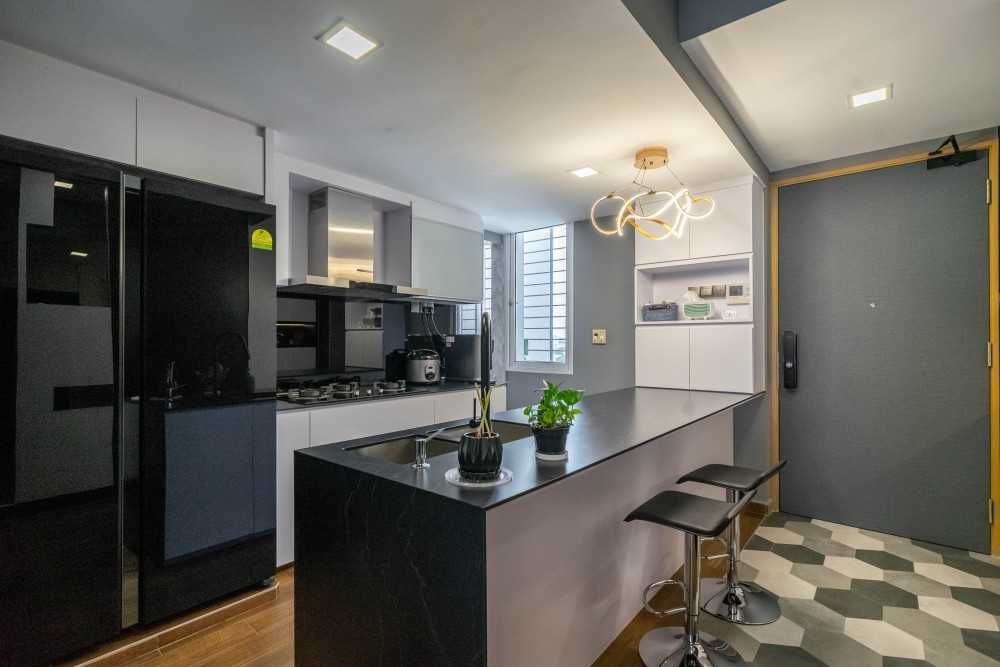 Modern Kitchen with Herringbone Tiling and Kitchen Window