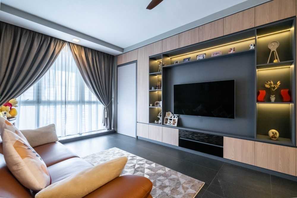 Modern Living Room with Herringbone Tiling and TV Console