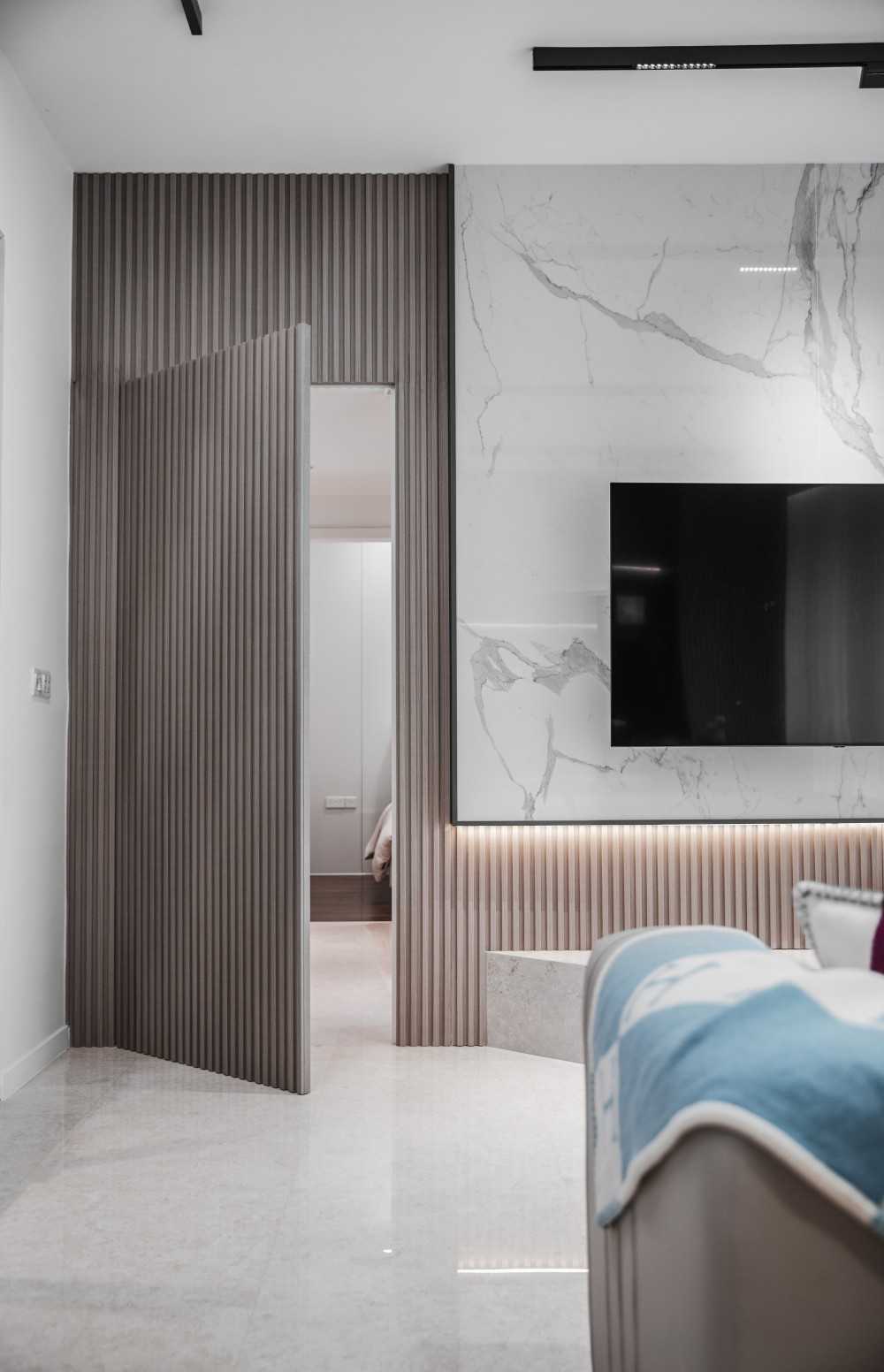Contemporary Entryway with Feature Wall and Sofa
