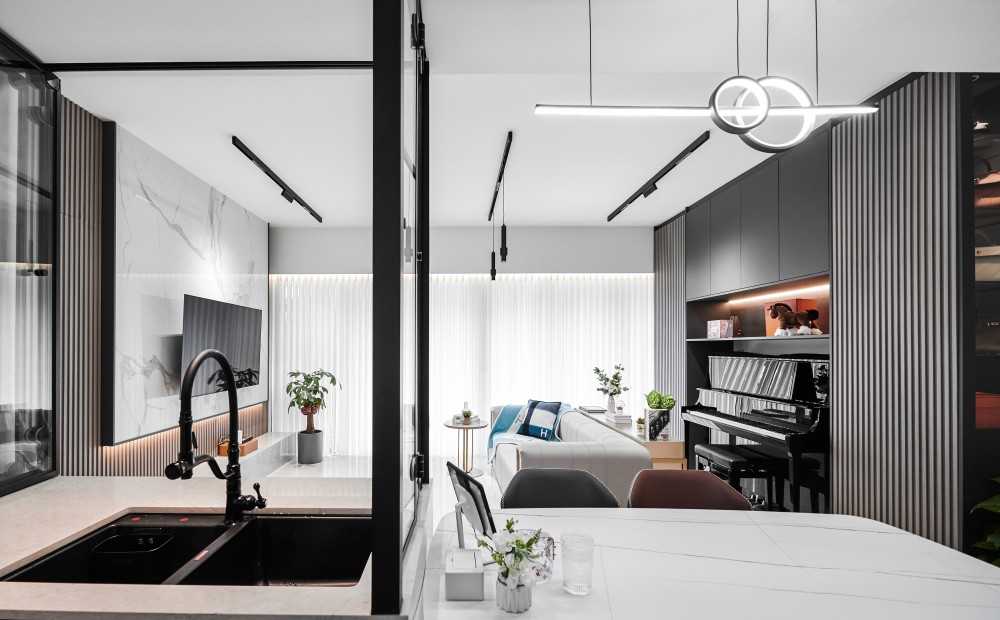 Contemporary Living Room with Dining Table and Dining Chairs