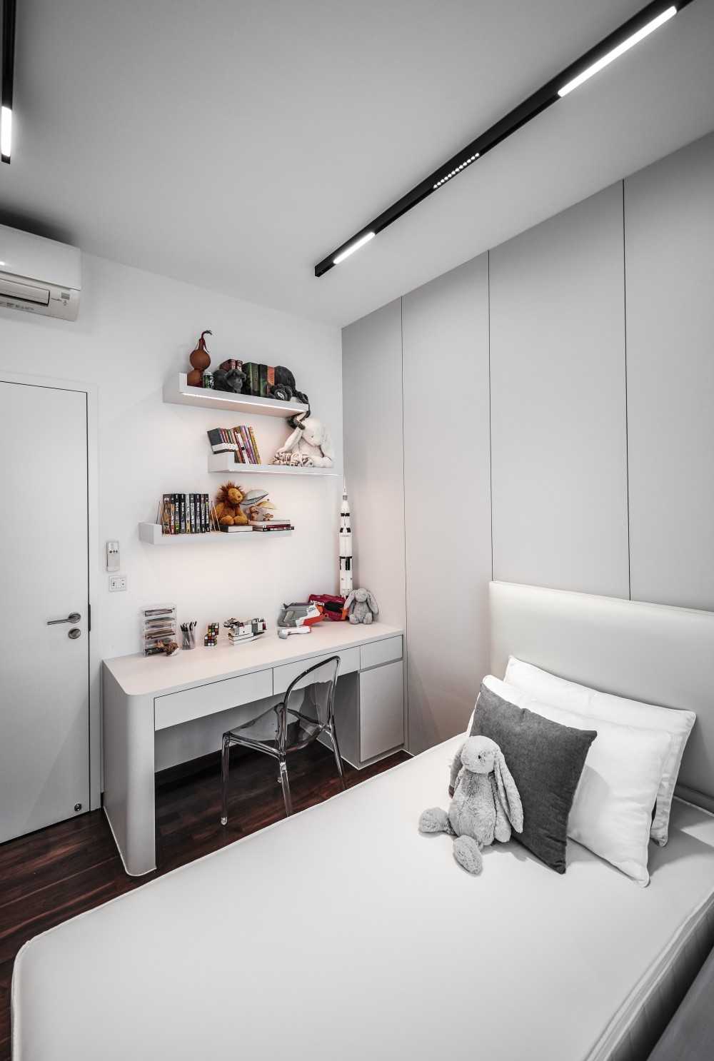 Contemporary Bedroom with Bookshelf and Sideboard