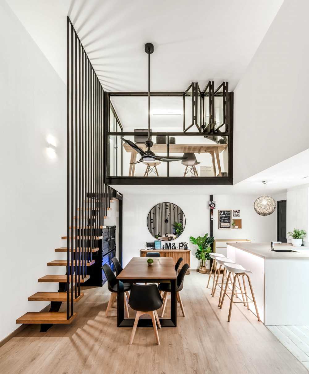 Scandinavian Living Room with Staircase and Loft