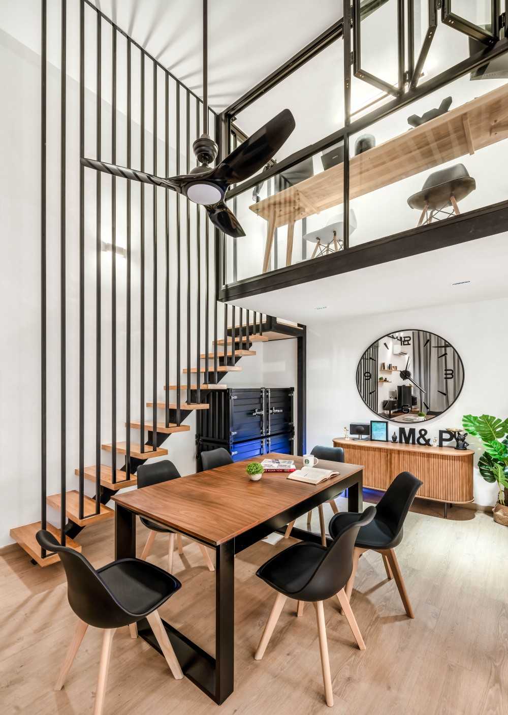 Scandinavian Dining Room with Loft and Dining Table