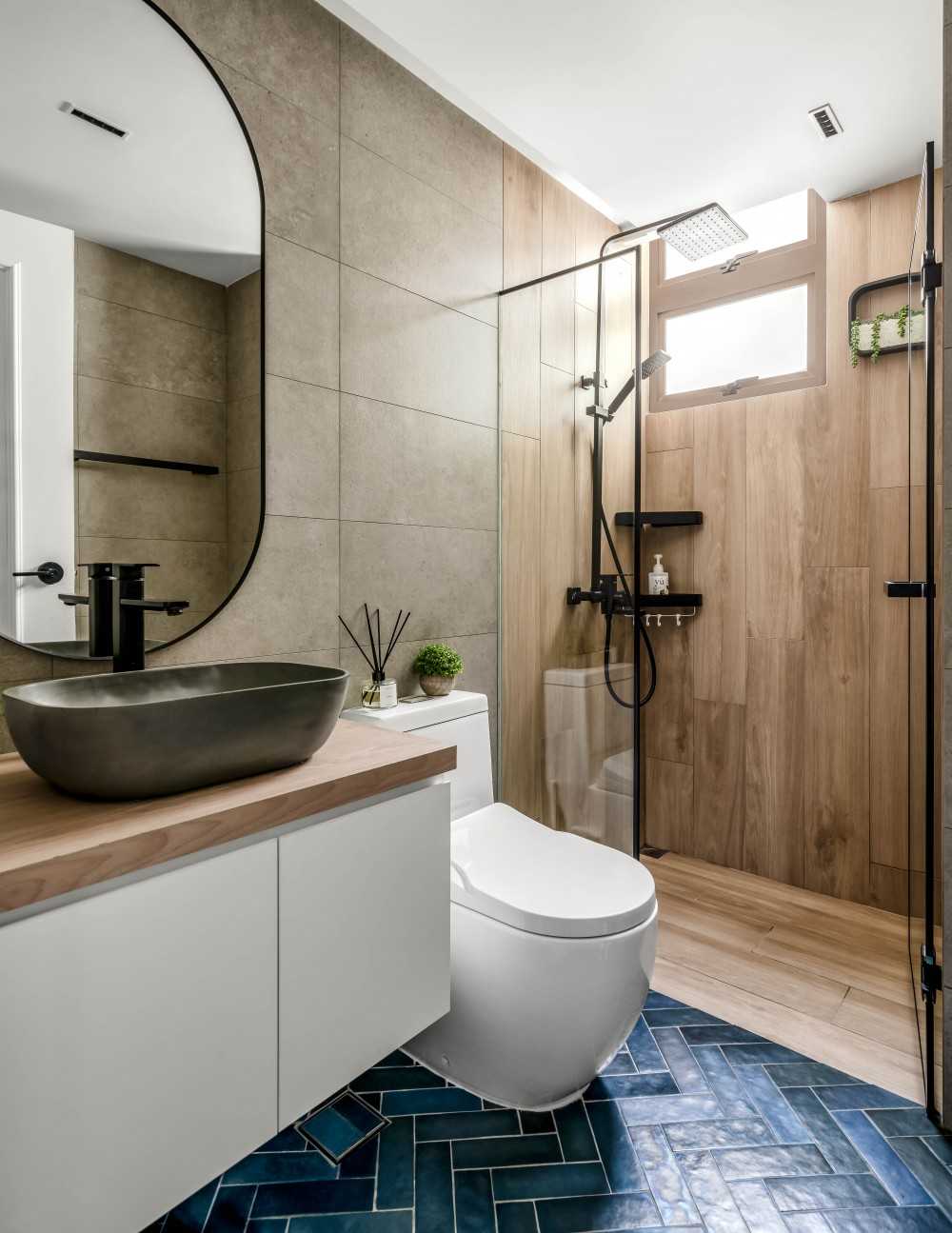 Scandinavian Bathroom with Mirror and Rainshower