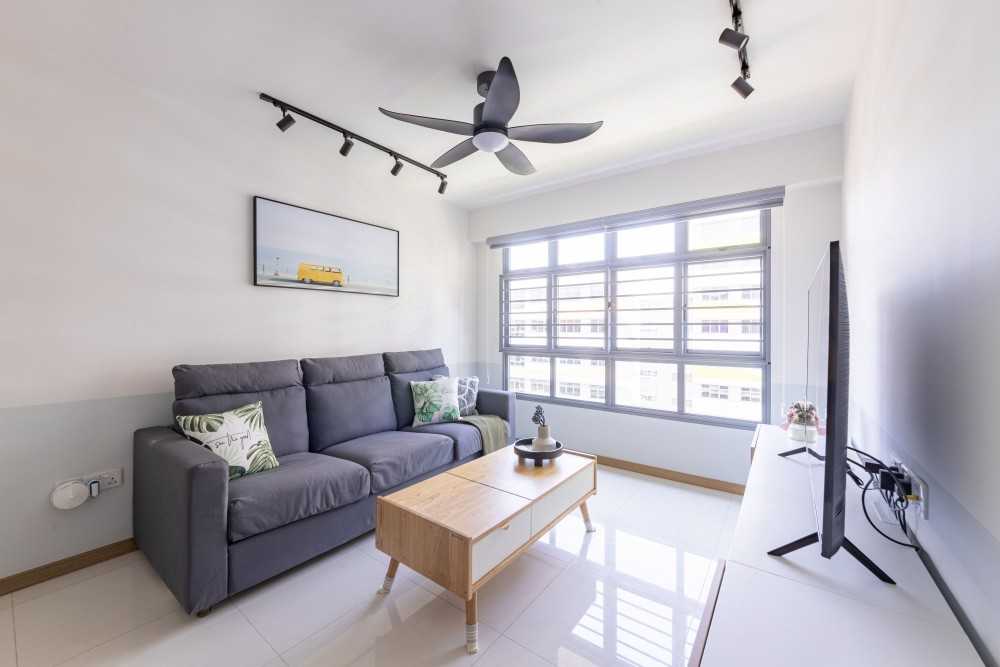 Minimalist Living Room with Homogeneous Tiles and Sofa