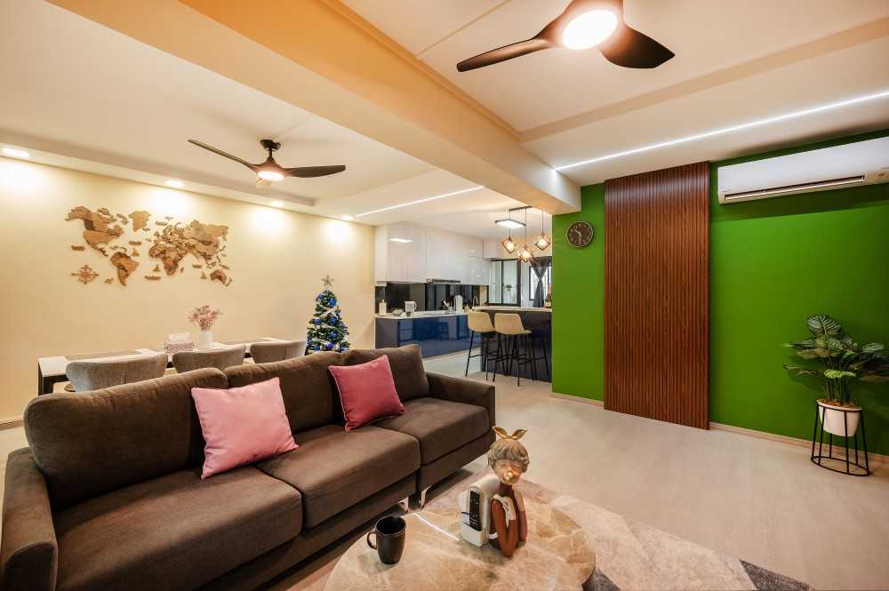 Contemporary Living Room with Vinyl Flooring and Feature Wall