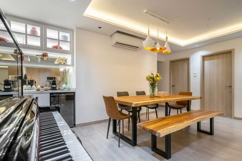 Contemporary Dining Room with Drop Light and Cove Lighting