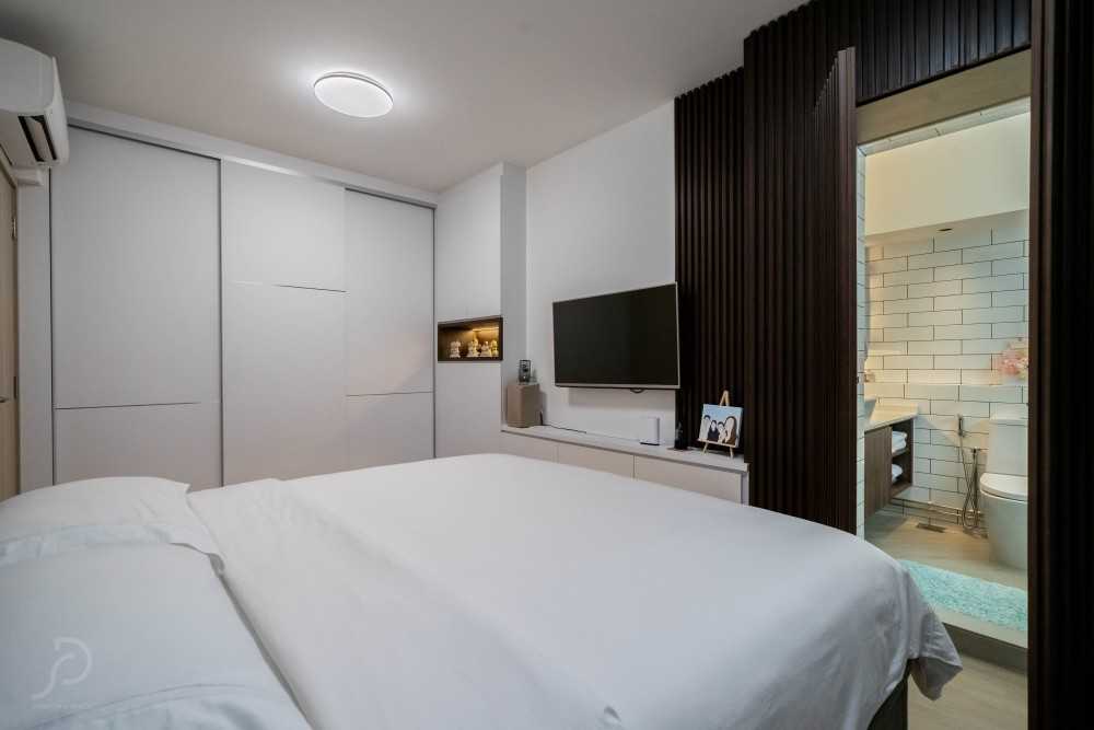 Contemporary Bedroom with Platform Bed and Drop Light