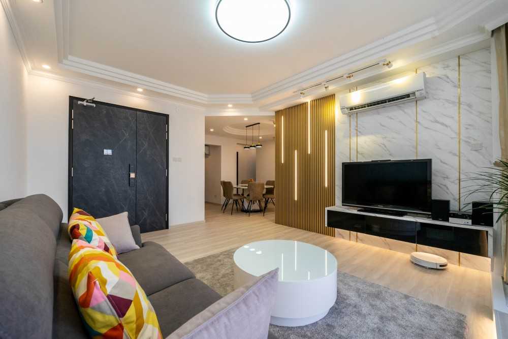 Contemporary Living Room with Vinyl Flooring and Herringbone Tiling