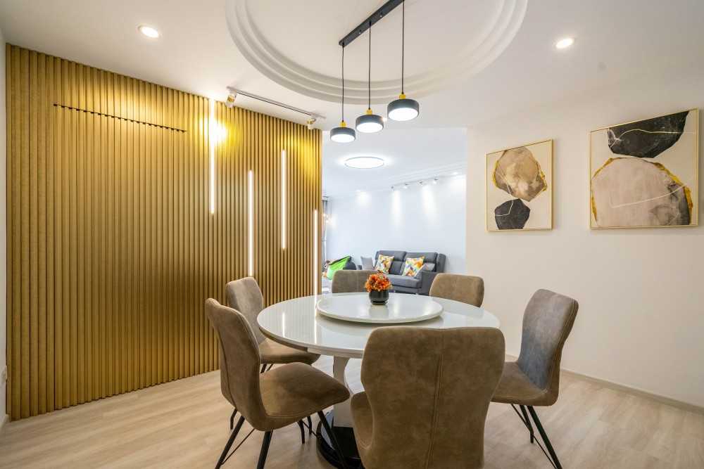 Contemporary Dining Room with Cove Lighting and Ceiling Light
