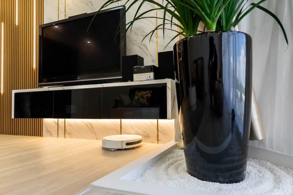 Contemporary Living Room with Marble Floor and TV Console
