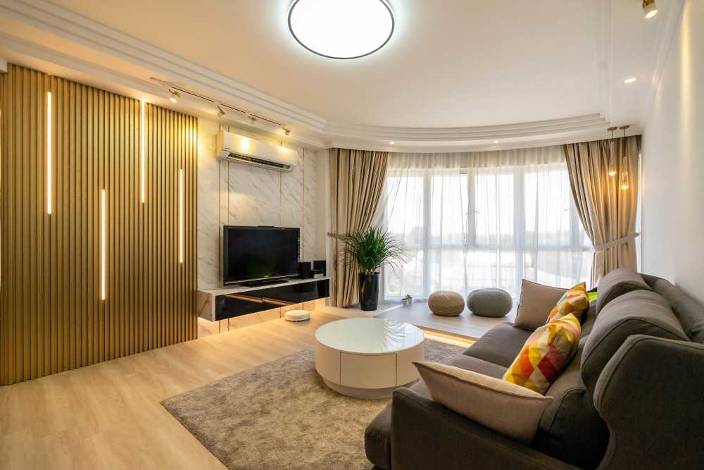 Contemporary Living Room with Vinyl Flooring and TV Console