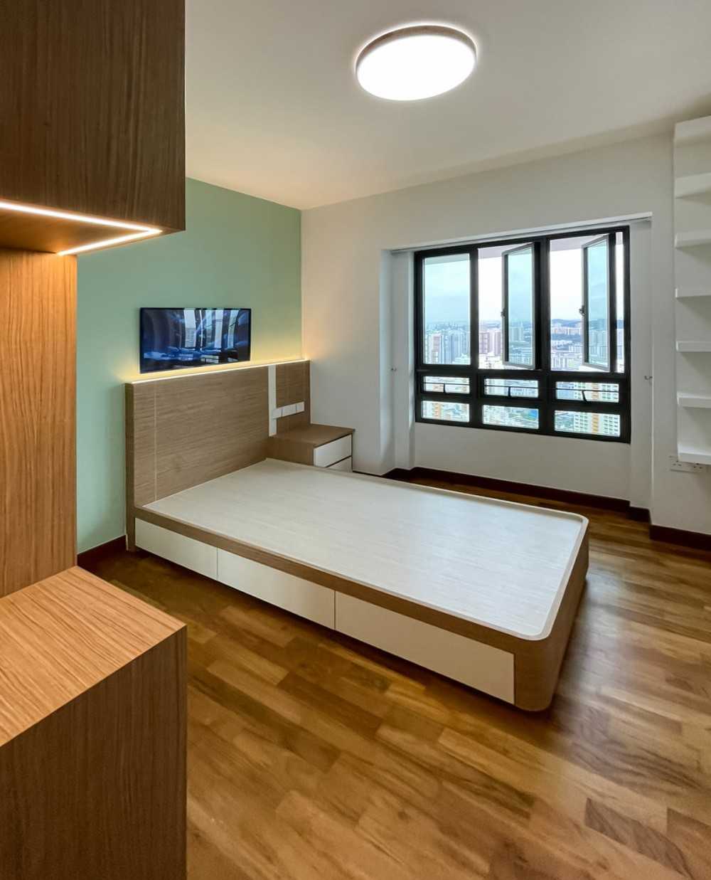 Scandinavian Bedroom with Wardrobe and Window Grille