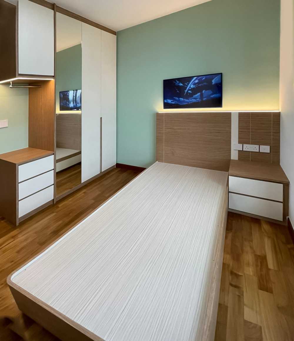 Scandinavian Bedroom with Wardrobe and Bedside Table