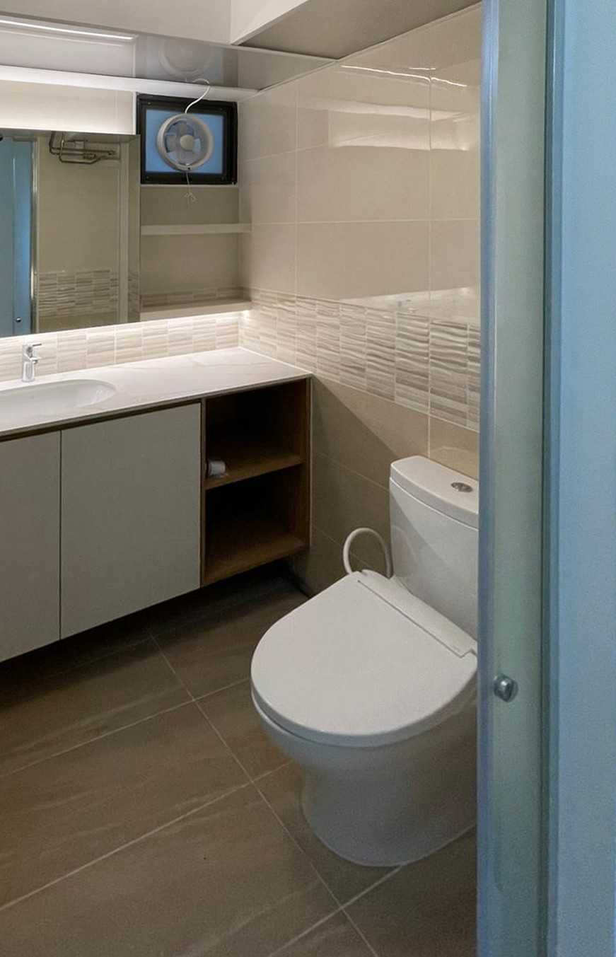 Scandinavian Bathroom with Storage Cabinets and Bathroom Storage