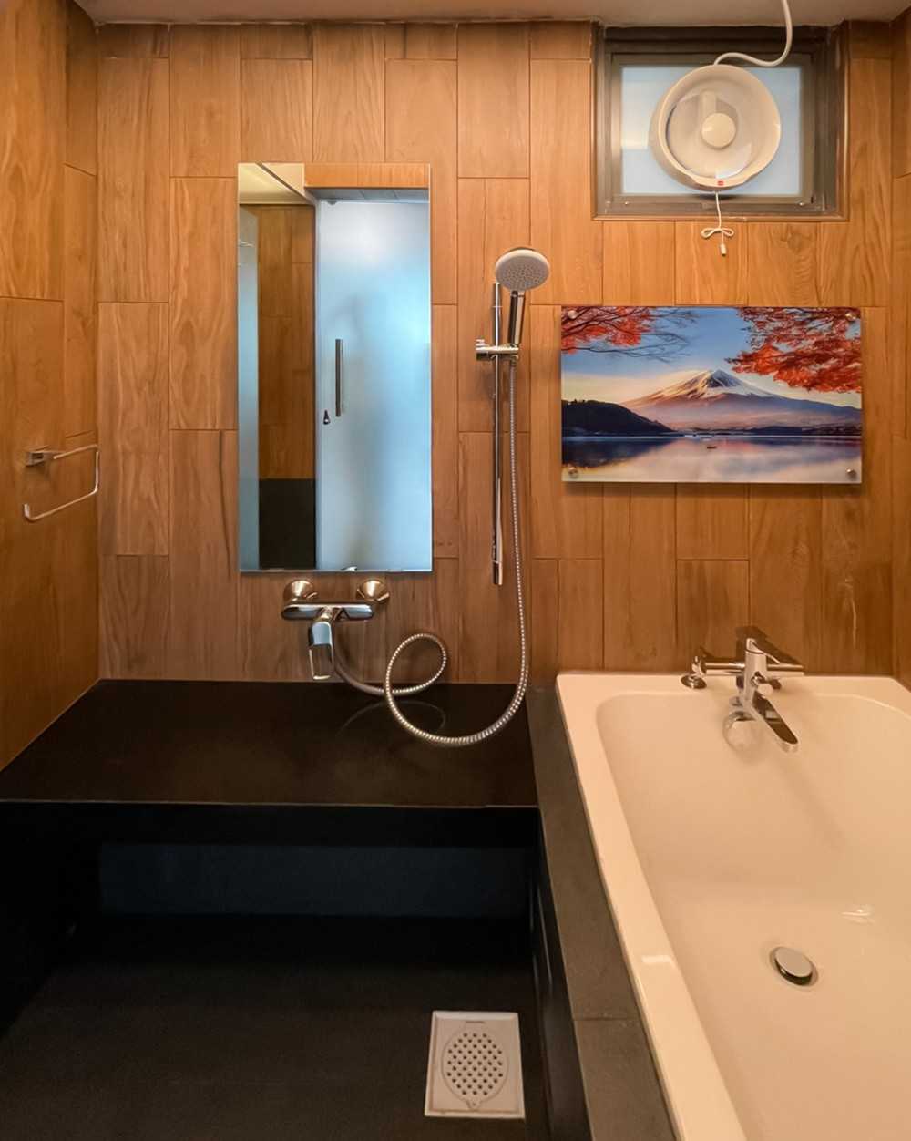 Scandinavian Bathroom with Feature Wall and Mirror