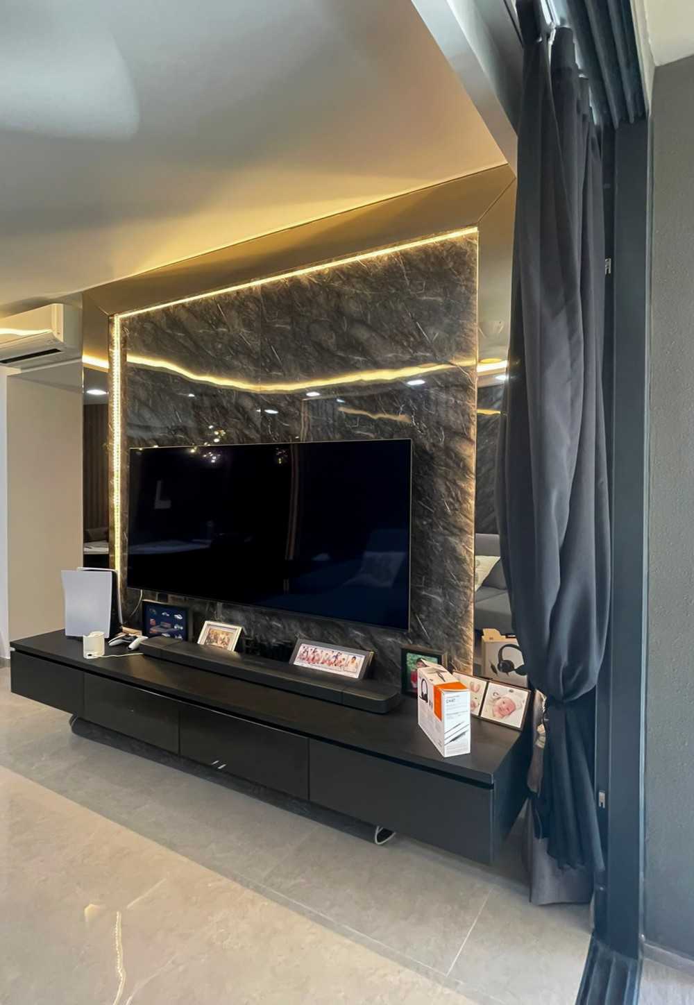 Modern Living Room with TV Console and Window Grille
