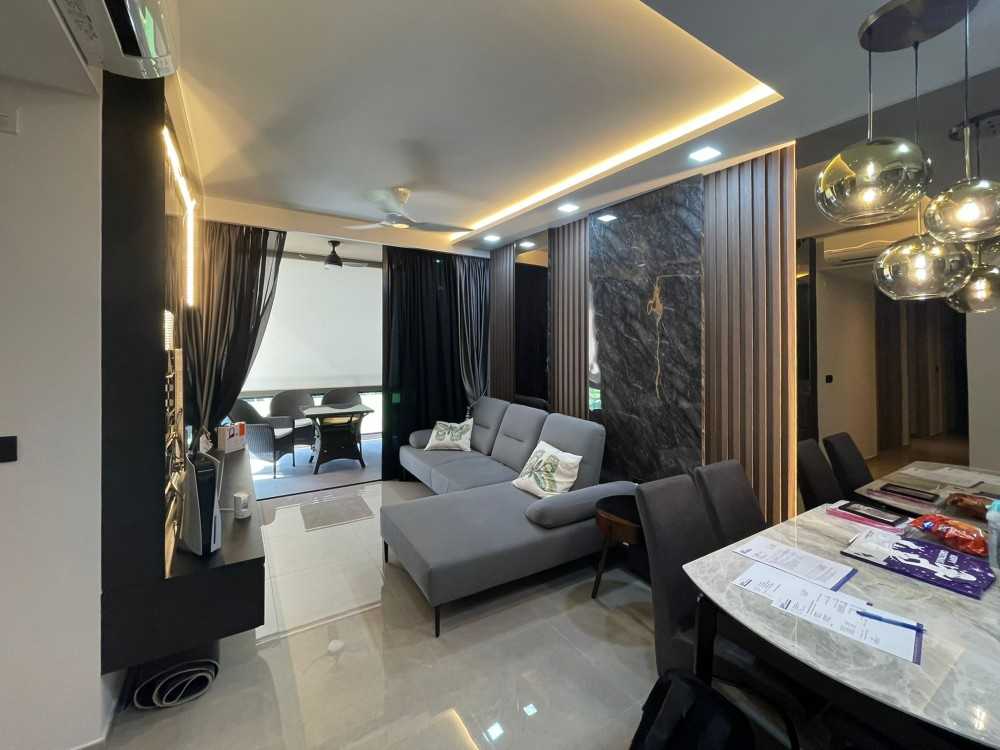 Modern Living Room with TV Console and Window Grille