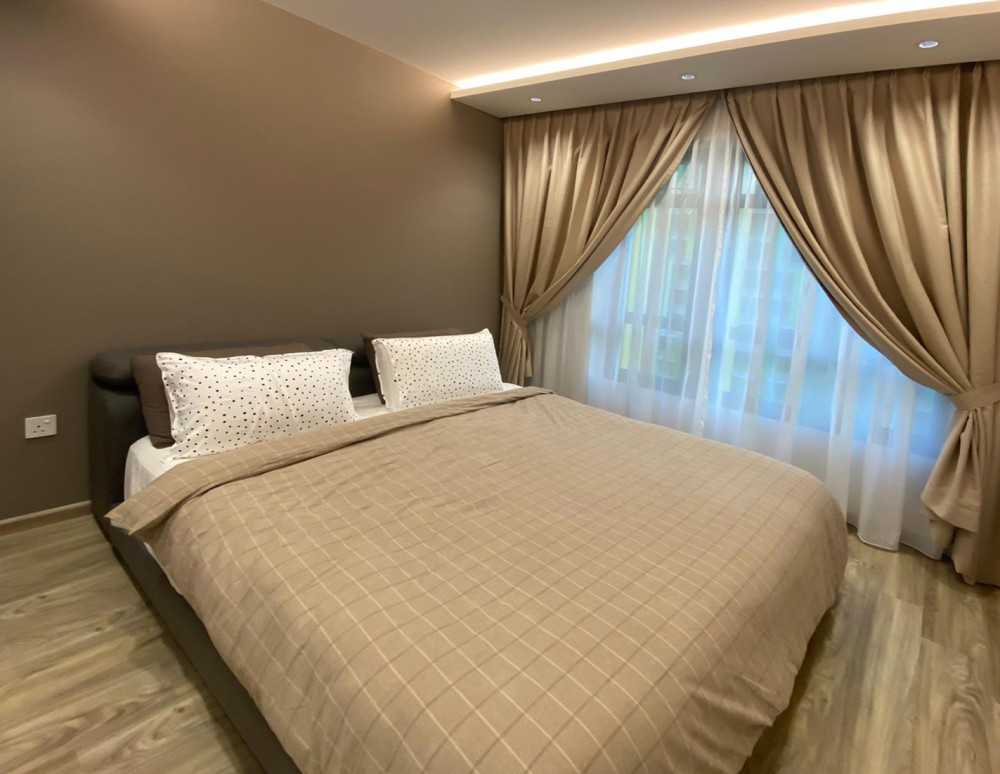Modern Bedroom with Wood Flooring and Window Grille
