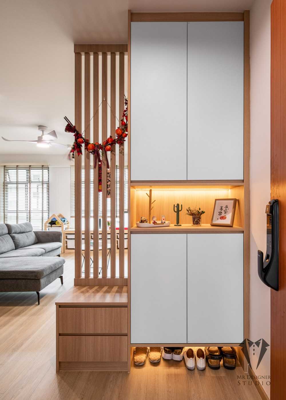 Scandinavian Entryway with Seating Bench and Shoe Rack