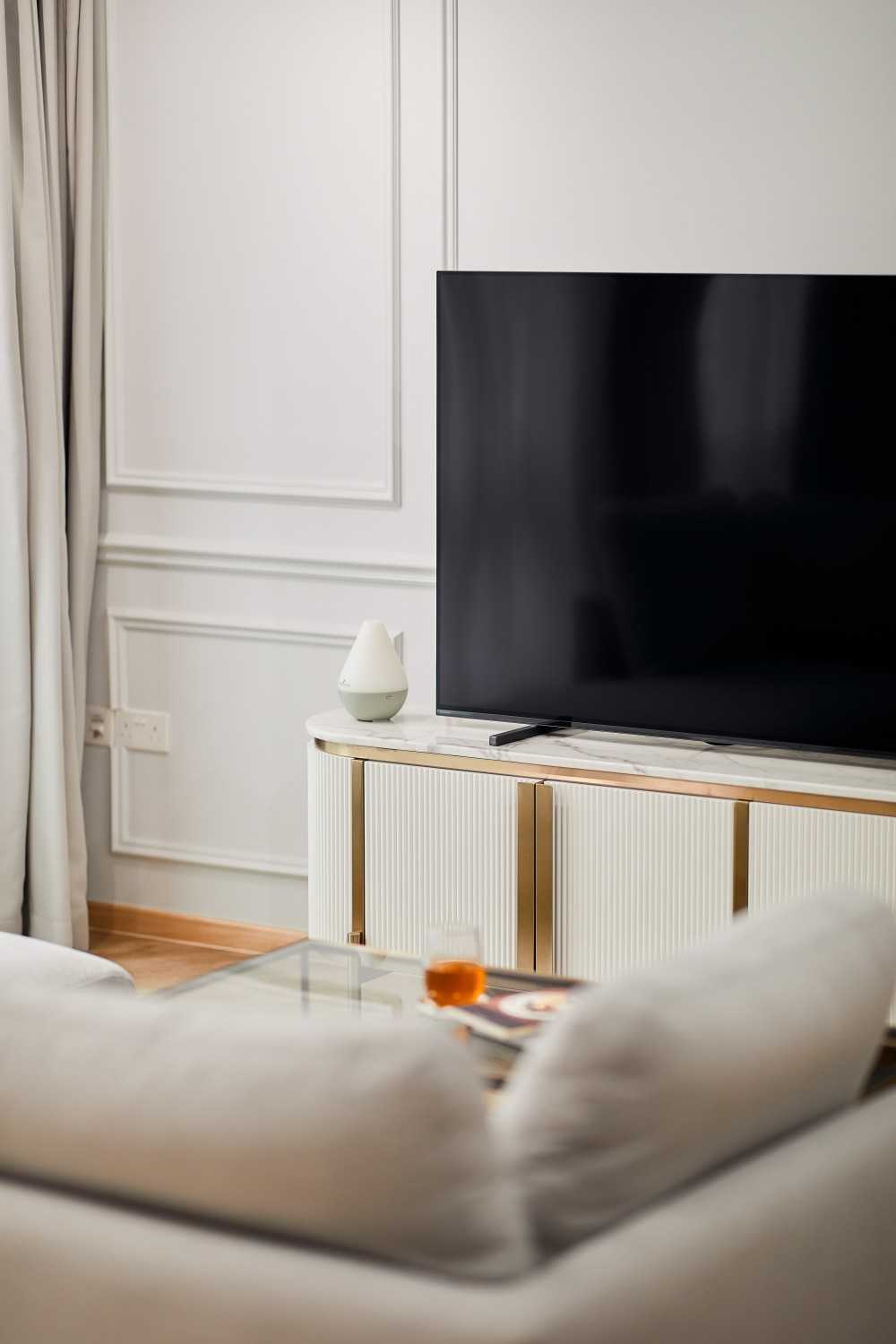 Contemporary Living Room with TV Console and Feature Wall