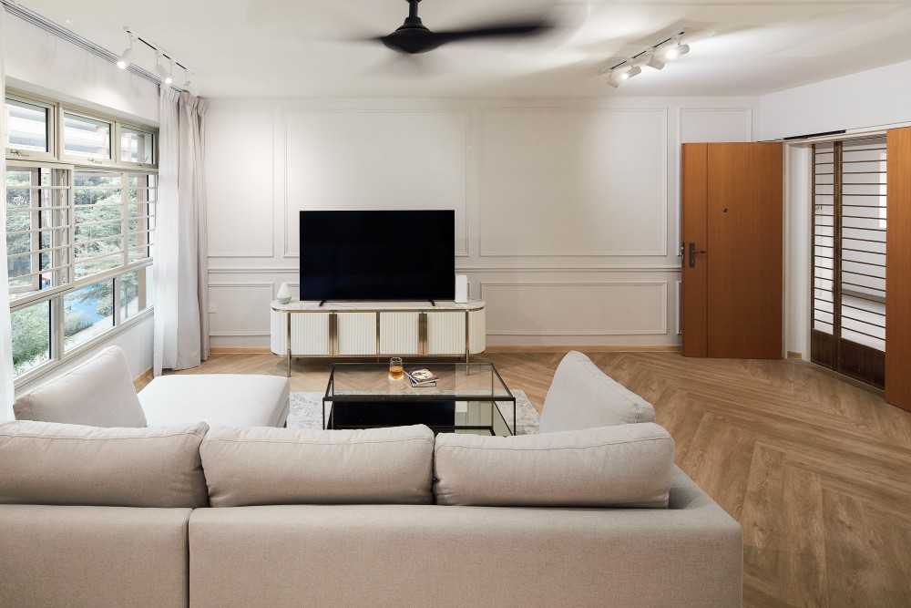 Contemporary Living Room with Feature Wall and Carpet