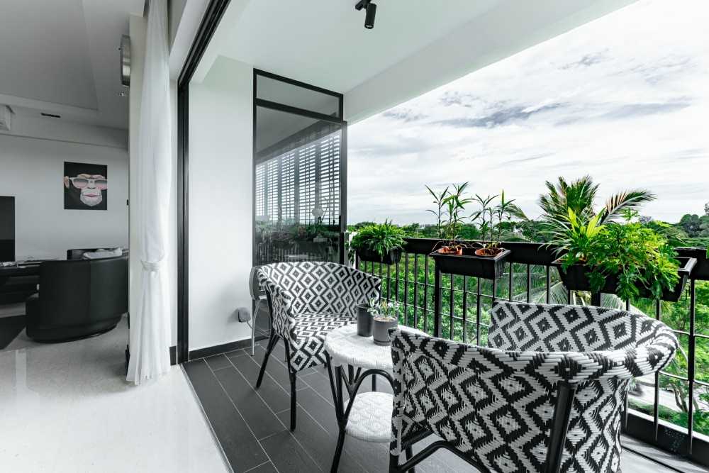 Modern Balcony with Curtain and Outdoor Table