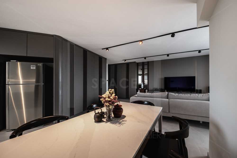Contemporary Living Room with Homogeneous Tiles and TV Console