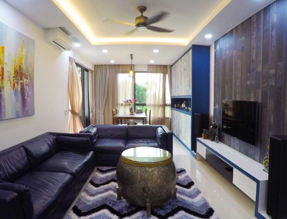 Industrial Living Room with TV Console and Feature Wall