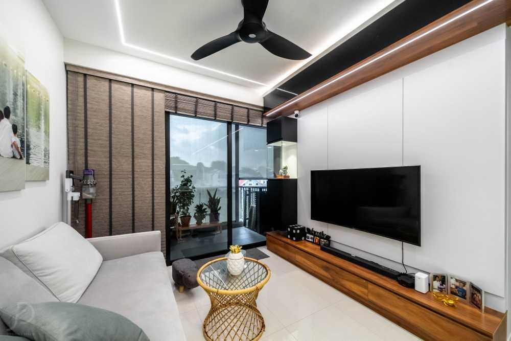 Modern Living Room with Homogeneous Tiles and TV Console