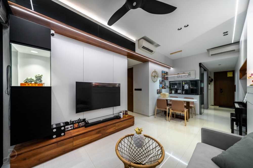 Modern Living Room with Homogeneous Tiles and TV Console