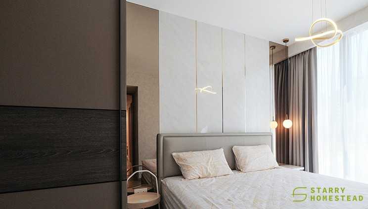 Modern Bedroom with Bay Window and Bedroom Dresser