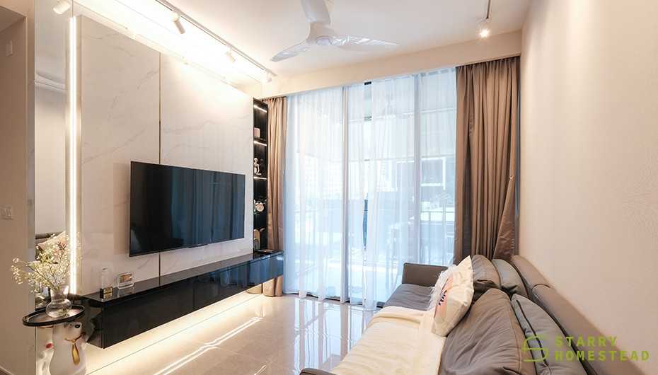 Modern Living Room with TV Console and Drop Ceiling