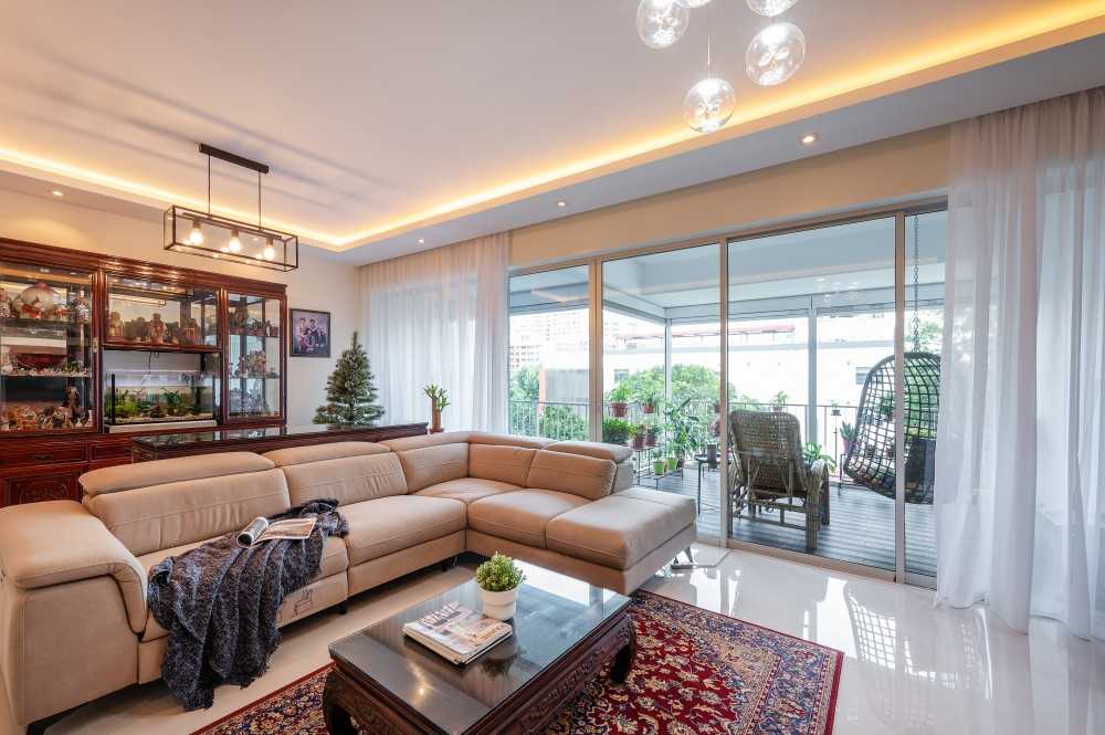 Asian Living Room with Coffee Table and Display Cabinets