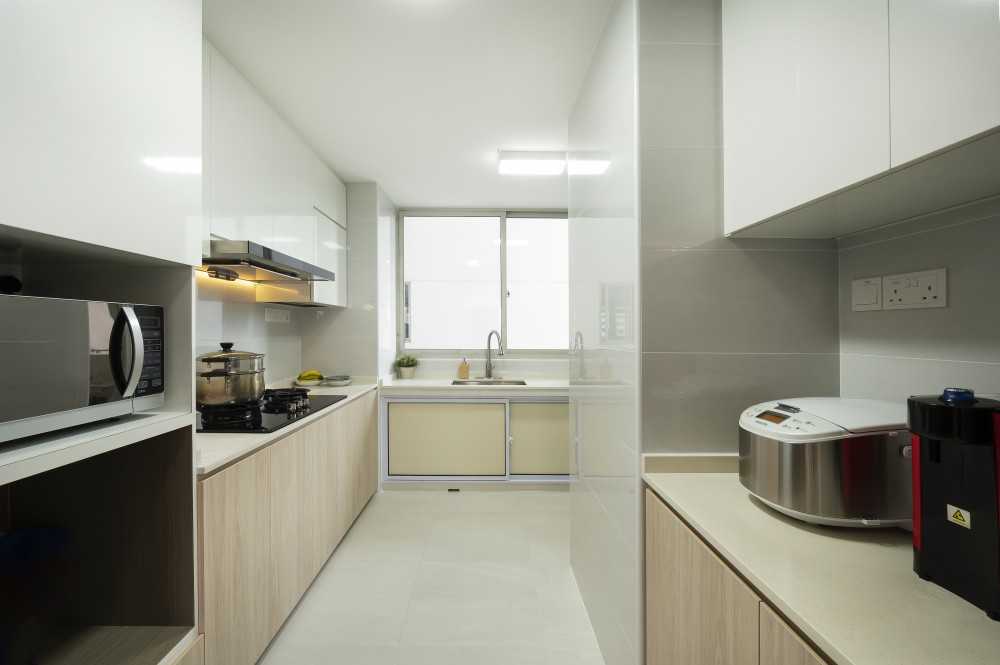 Asian Kitchen with Homogeneous Tiles and Kitchen Window
