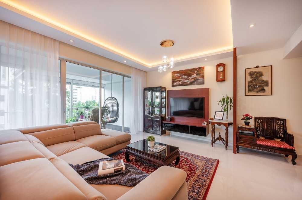 Asian Living Room with Homogeneous Tiles and TV Console