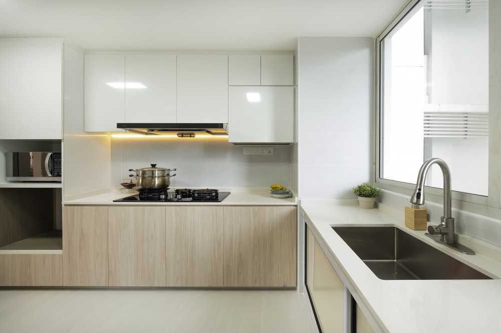 Asian Kitchen with Countertop and Herringbone Tiling