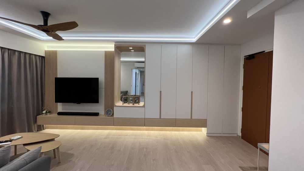 Scandinavian Living Room with Vinyl Flooring and TV Console