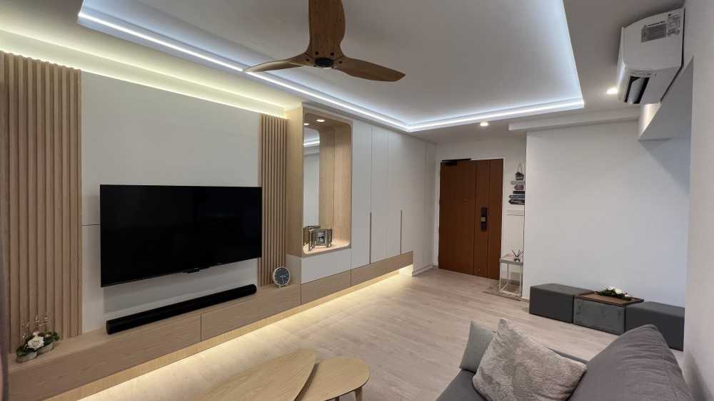 Scandinavian Living Room with Vinyl Flooring and TV Console