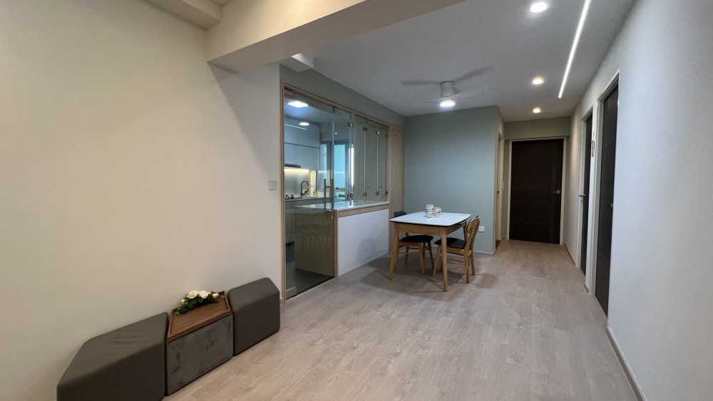 Scandinavian Dining Room with Cove Lighting and Downlights